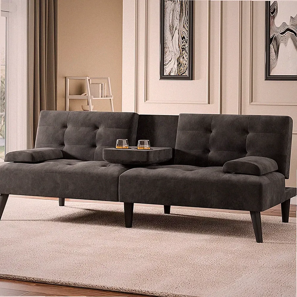 64" Futon Sofa Bed, 64" Convertible Loveseat with 2 Cup Holders, Small Couch wit