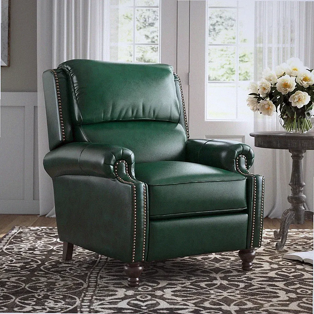 Green Genuine Leather Wingback Pushback Manual Recliner Club Rolled Arm Chair