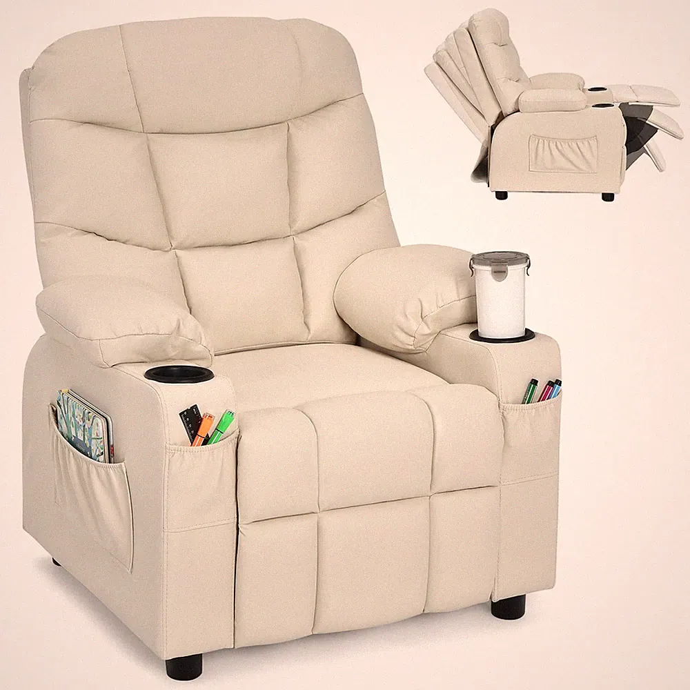 Honeyjoy Kids Youth Recliner Chair PU Leather w/Cup Holders & Side Pockets Beige