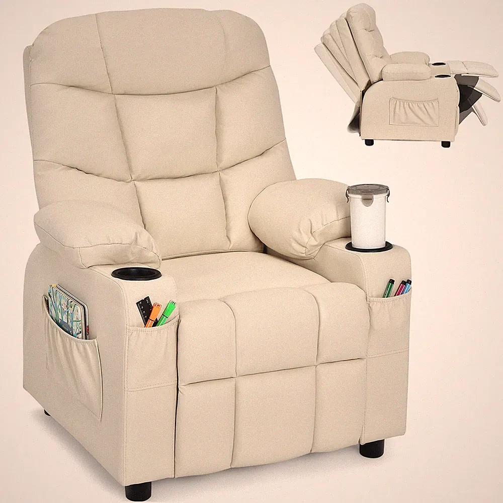 Honeyjoy Kids Youth Recliner Chair PU Leather w/Side Pockets & Cup Holders