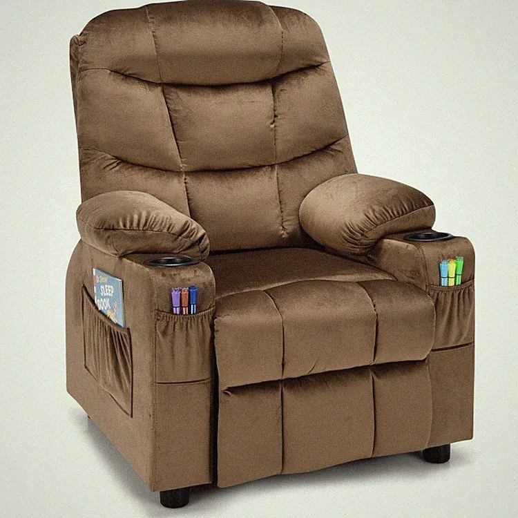 Kids Upholstered PU Leather Recliner Adjustable Backrest Footrest W/ Cup Holders