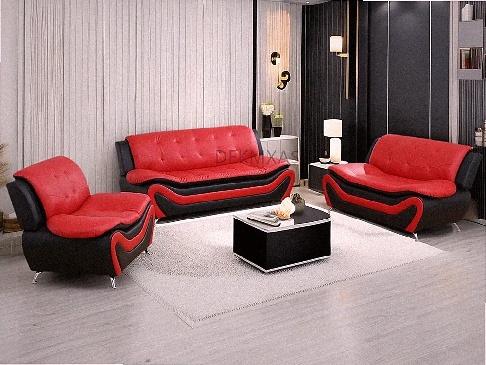 Living Room Couch Furniture Set Leather Black & Red Sofa Loveseat And Chair New