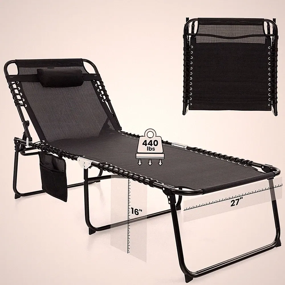 Oversize Folding Chaise Lounge w/Adjustable Backrest Detachable Pillow Pocket