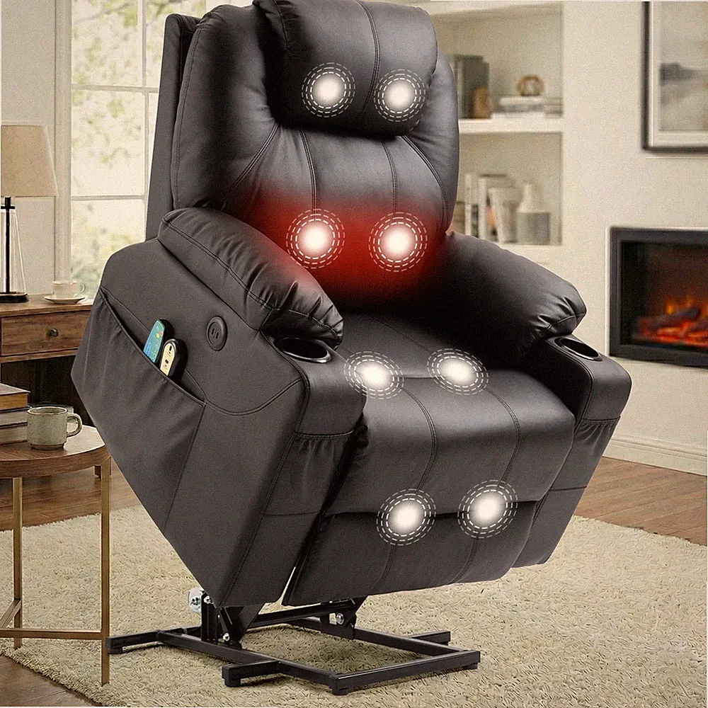 Power Lift Recliner Chair with Heated Massage, Cup Holder/ USB Port/ Side Pocket