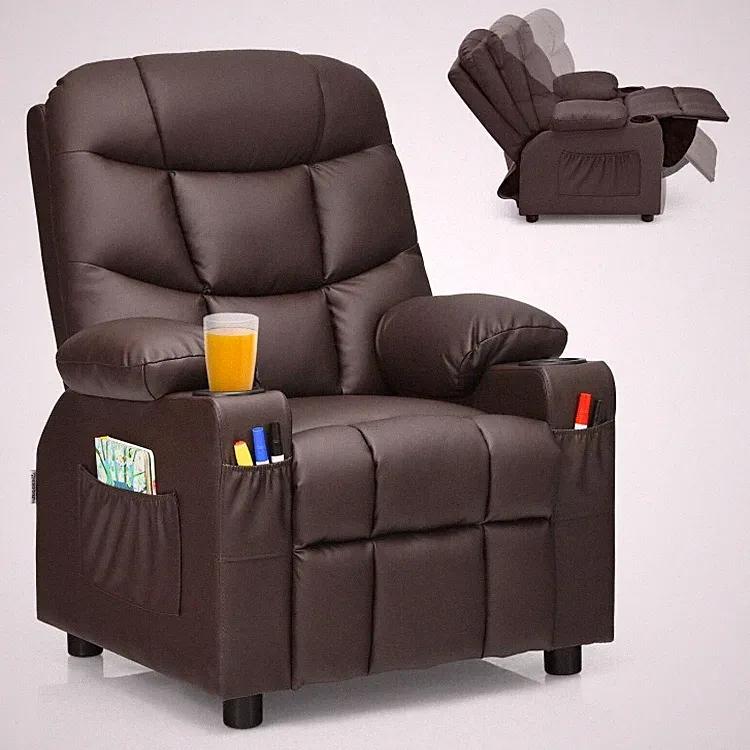 PU Leather Soft Kids Recliner Children Velvet Fabric Leisure Chair W/ Cup Holder