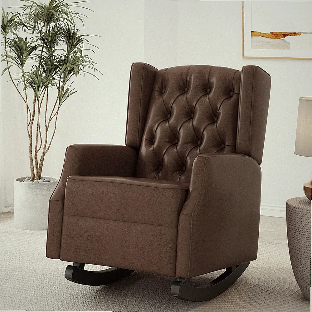 PU Leather Upholstered Rocking Chair Recliner Armchair Accent Chair Dark Brown