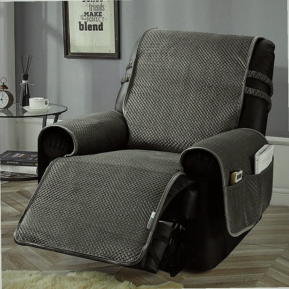 STONECREST Water-Resistant Velvet Recliner Chair Cover - Dark Grey 23" Regular